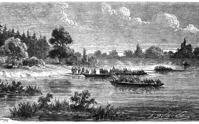 Lenkų savanoriai perplaukia Sanos upę dabartinės Lenkijos teritorijoje, 1863 m.