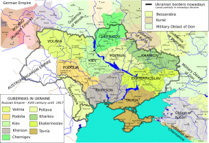 Rusijos imperijos gubernijos ir dabartinė Ukrainos teritorija.